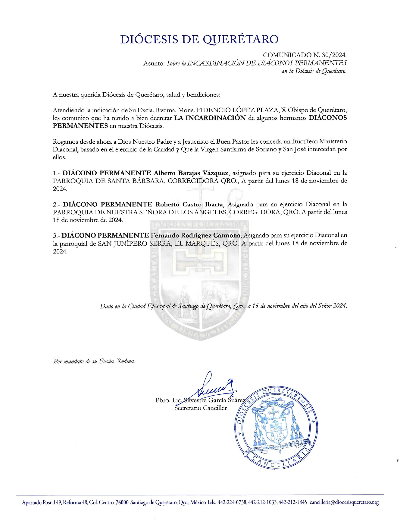  COMUNICADO N. 30/2024. Asunto: Sobre la INCARDINACIÓN DE DIÁCONOS PERMANENTES en la Diócesis de Querétaro.